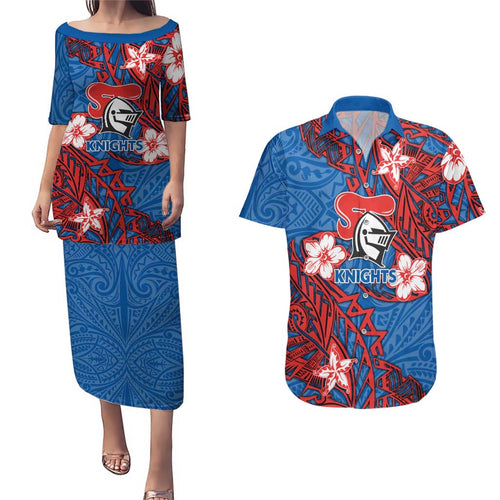 Personalised Newcastle Knights Couples Matching Puletasi and Hawaiian Shirt Polynesian Tribal Pattern With Rugby Knight Mascot Art
