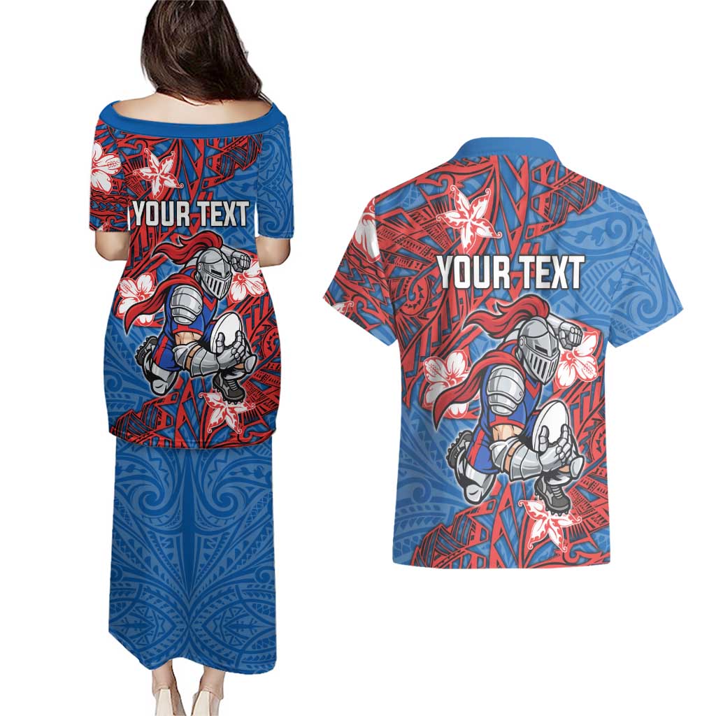 Personalised Newcastle Knights Couples Matching Puletasi and Hawaiian Shirt Polynesian Tribal Pattern With Rugby Knight Mascot Art