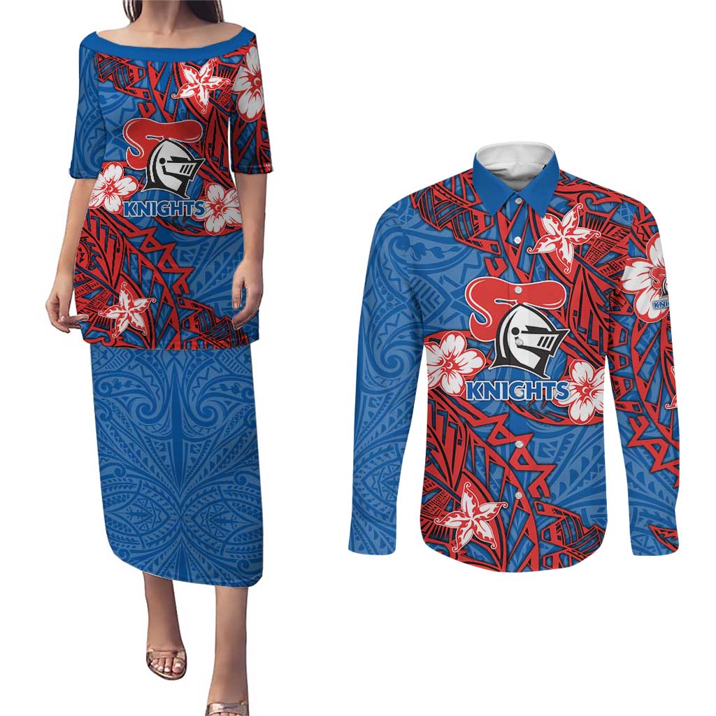 Personalised Newcastle Knights Couples Matching Puletasi and Long Sleeve Button Shirt Polynesian Tribal Pattern With Rugby Knight Mascot Art