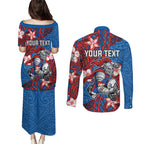 Personalised Newcastle Knights Couples Matching Puletasi and Long Sleeve Button Shirt Polynesian Tribal Pattern With Rugby Knight Mascot Art