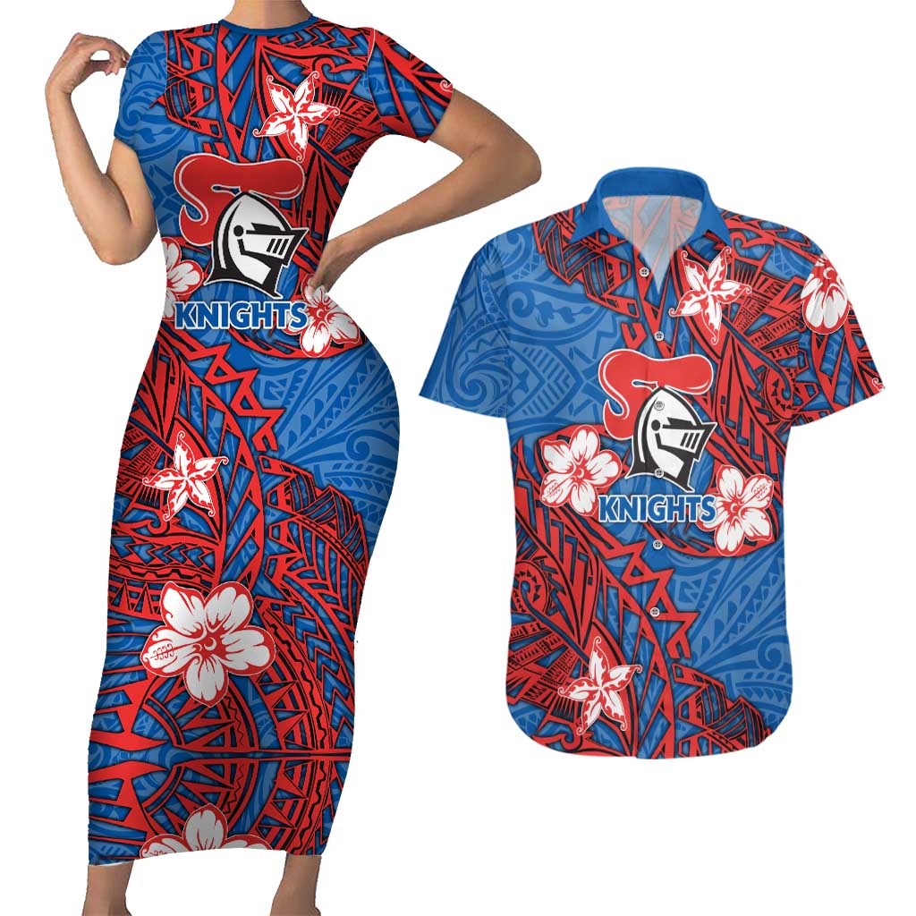 Personalised Newcastle Knights Couples Matching Short Sleeve Bodycon Dress and Hawaiian Shirt Polynesian Tribal Pattern With Rugby Knight Mascot Art