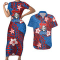 Personalised Newcastle Knights Couples Matching Short Sleeve Bodycon Dress and Hawaiian Shirt Polynesian Tribal Pattern With Rugby Knight Mascot Art