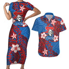 Personalised Newcastle Knights Couples Matching Short Sleeve Bodycon Dress and Hawaiian Shirt Polynesian Tribal Pattern With Rugby Knight Mascot Art