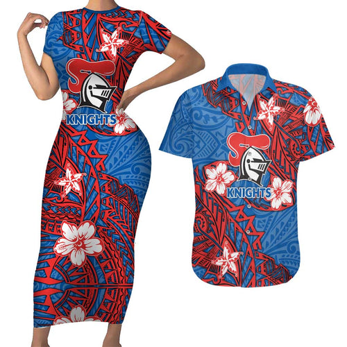 Personalised Newcastle Knights Couples Matching Short Sleeve Bodycon Dress and Hawaiian Shirt Polynesian Tribal Pattern With Rugby Knight Mascot Art
