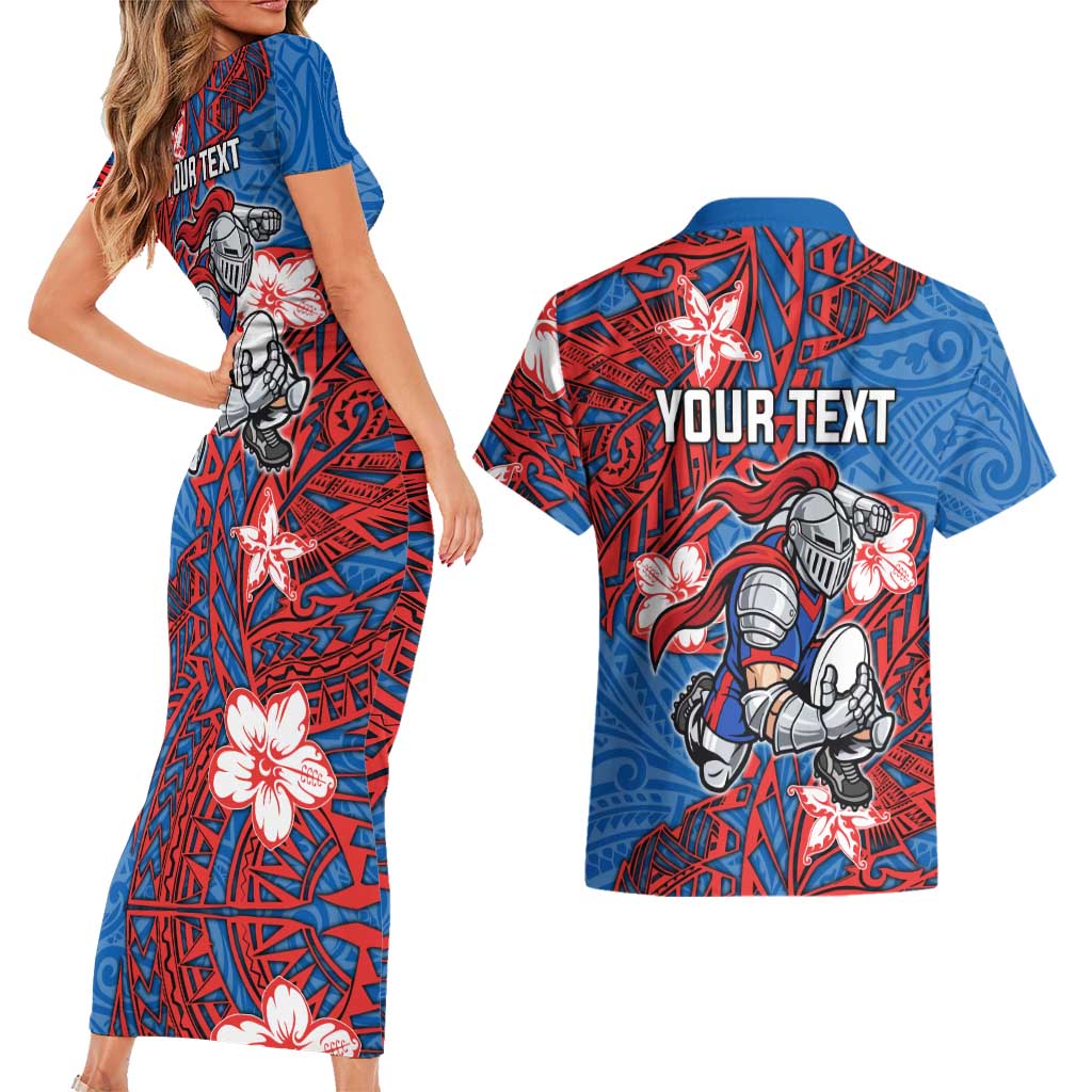 Personalised Newcastle Knights Couples Matching Short Sleeve Bodycon Dress and Hawaiian Shirt Polynesian Tribal Pattern With Rugby Knight Mascot Art