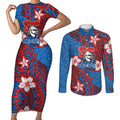 Personalised Newcastle Knights Couples Matching Short Sleeve Bodycon Dress and Long Sleeve Button Shirt Polynesian Tribal Pattern With Rugby Knight Mascot Art