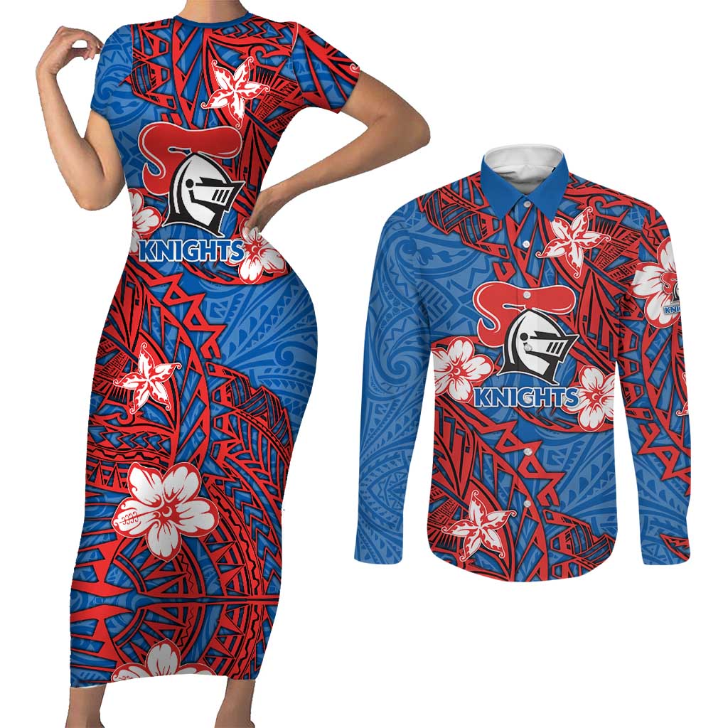 Personalised Newcastle Knights Couples Matching Short Sleeve Bodycon Dress and Long Sleeve Button Shirt Polynesian Tribal Pattern With Rugby Knight Mascot Art