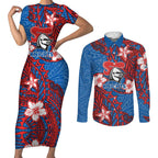 Personalised Newcastle Knights Couples Matching Short Sleeve Bodycon Dress and Long Sleeve Button Shirt Polynesian Tribal Pattern With Rugby Knight Mascot Art
