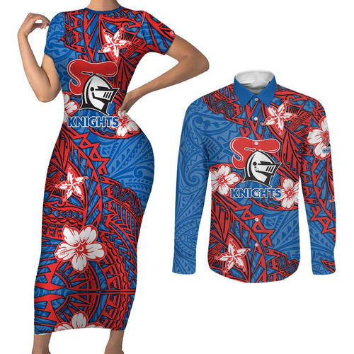 Personalised Newcastle Knights Couples Matching Short Sleeve Bodycon Dress and Long Sleeve Button Shirt Polynesian Tribal Pattern With Rugby Knight Mascot Art