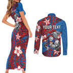 Personalised Newcastle Knights Couples Matching Short Sleeve Bodycon Dress and Long Sleeve Button Shirt Polynesian Tribal Pattern With Rugby Knight Mascot Art