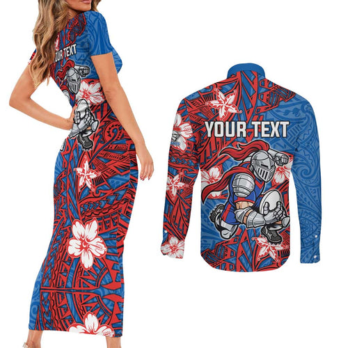 Personalised Newcastle Knights Couples Matching Short Sleeve Bodycon Dress and Long Sleeve Button Shirt Polynesian Tribal Pattern With Rugby Knight Mascot Art