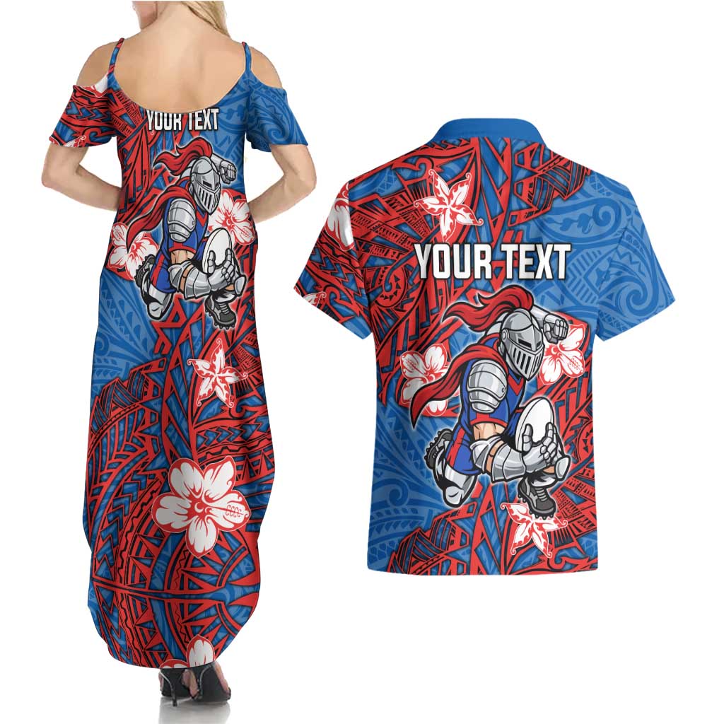 Personalised Newcastle Knights Couples Matching Summer Maxi Dress and Hawaiian Shirt Polynesian Tribal Pattern With Rugby Knight Mascot Art