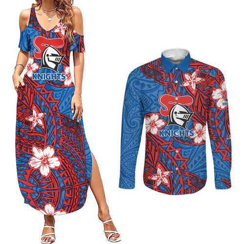 Personalised Newcastle Knights Couples Matching Summer Maxi Dress and Long Sleeve Button Shirt Polynesian Tribal Pattern With Rugby Knight Mascot Art