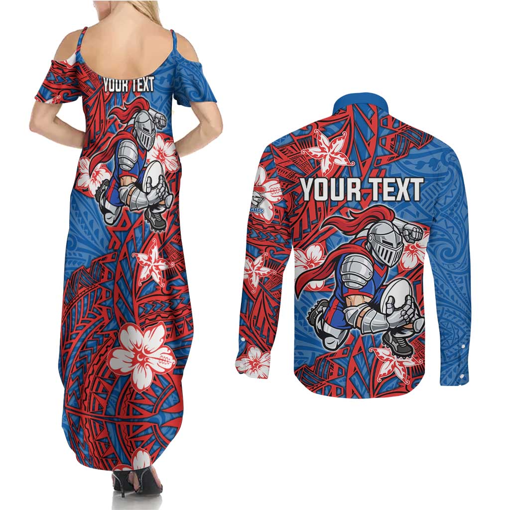 Personalised Newcastle Knights Couples Matching Summer Maxi Dress and Long Sleeve Button Shirt Polynesian Tribal Pattern With Rugby Knight Mascot Art