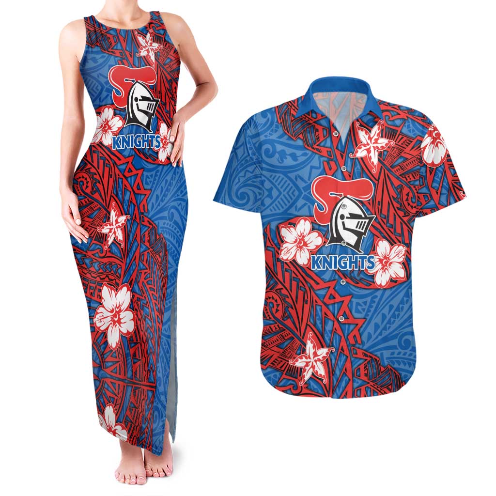 Personalised Newcastle Knights Couples Matching Tank Maxi Dress and Hawaiian Shirt Polynesian Tribal Pattern With Rugby Knight Mascot Art