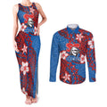 Personalised Newcastle Knights Couples Matching Tank Maxi Dress and Long Sleeve Button Shirt Polynesian Tribal Pattern With Rugby Knight Mascot Art