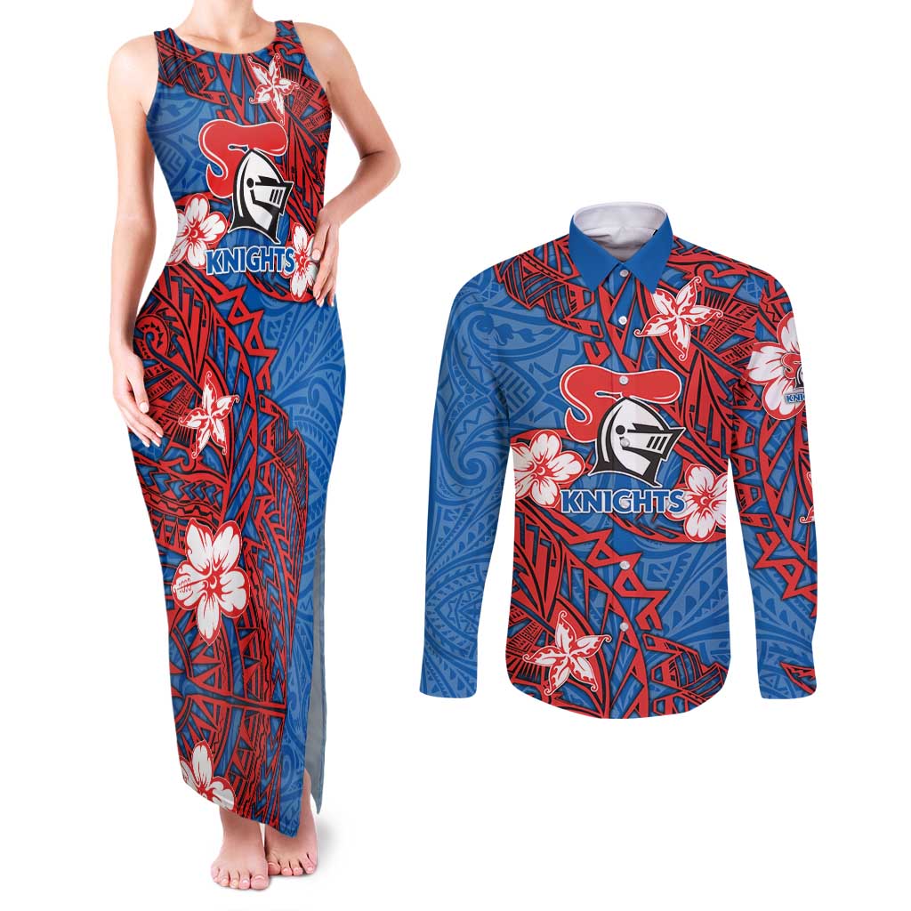 Personalised Newcastle Knights Couples Matching Tank Maxi Dress and Long Sleeve Button Shirt Polynesian Tribal Pattern With Rugby Knight Mascot Art
