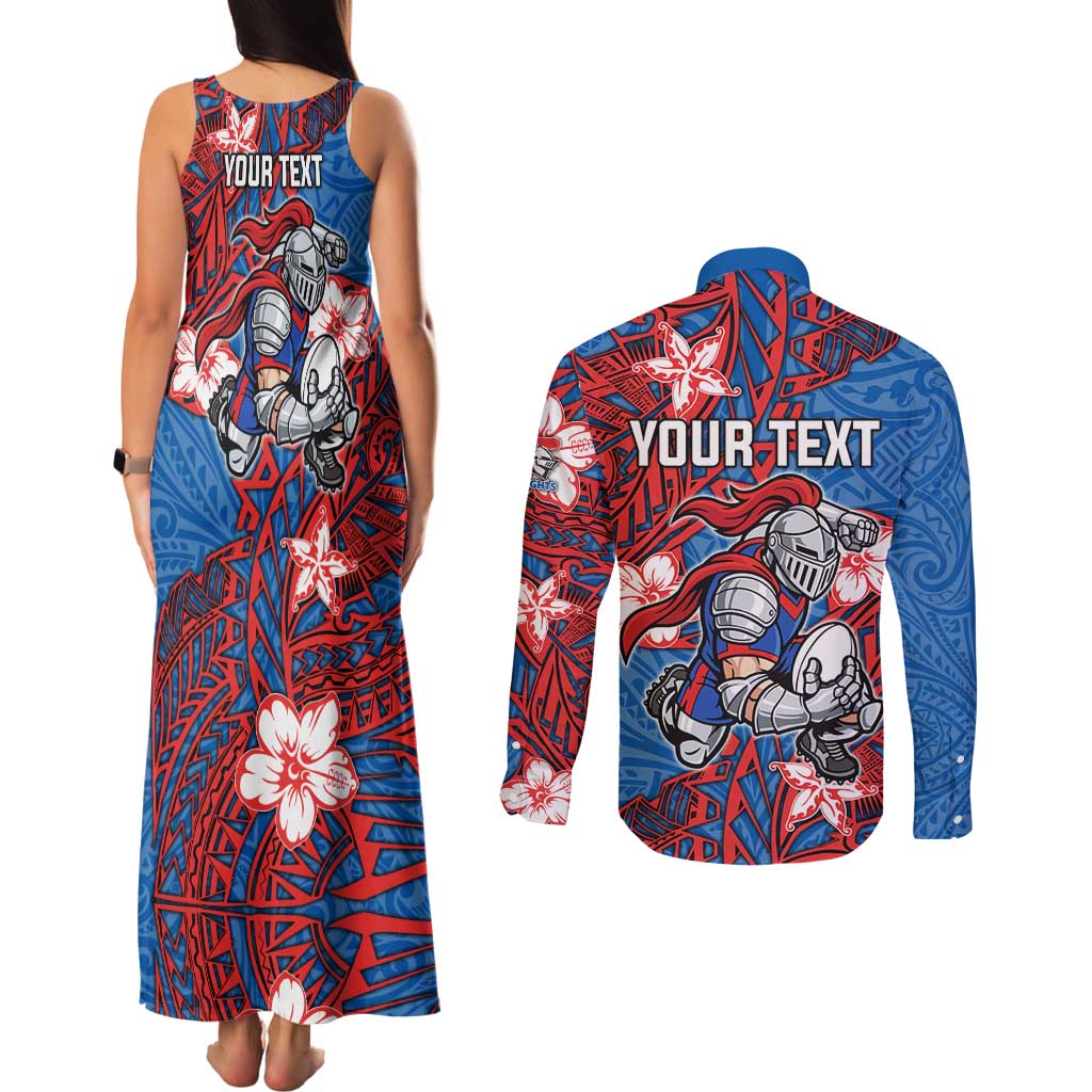 Personalised Newcastle Knights Couples Matching Tank Maxi Dress and Long Sleeve Button Shirt Polynesian Tribal Pattern With Rugby Knight Mascot Art