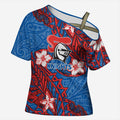 Personalised Newcastle Knights Cross Shoulder Shirt Polynesian Tribal Pattern With Rugby Knight Mascot Art