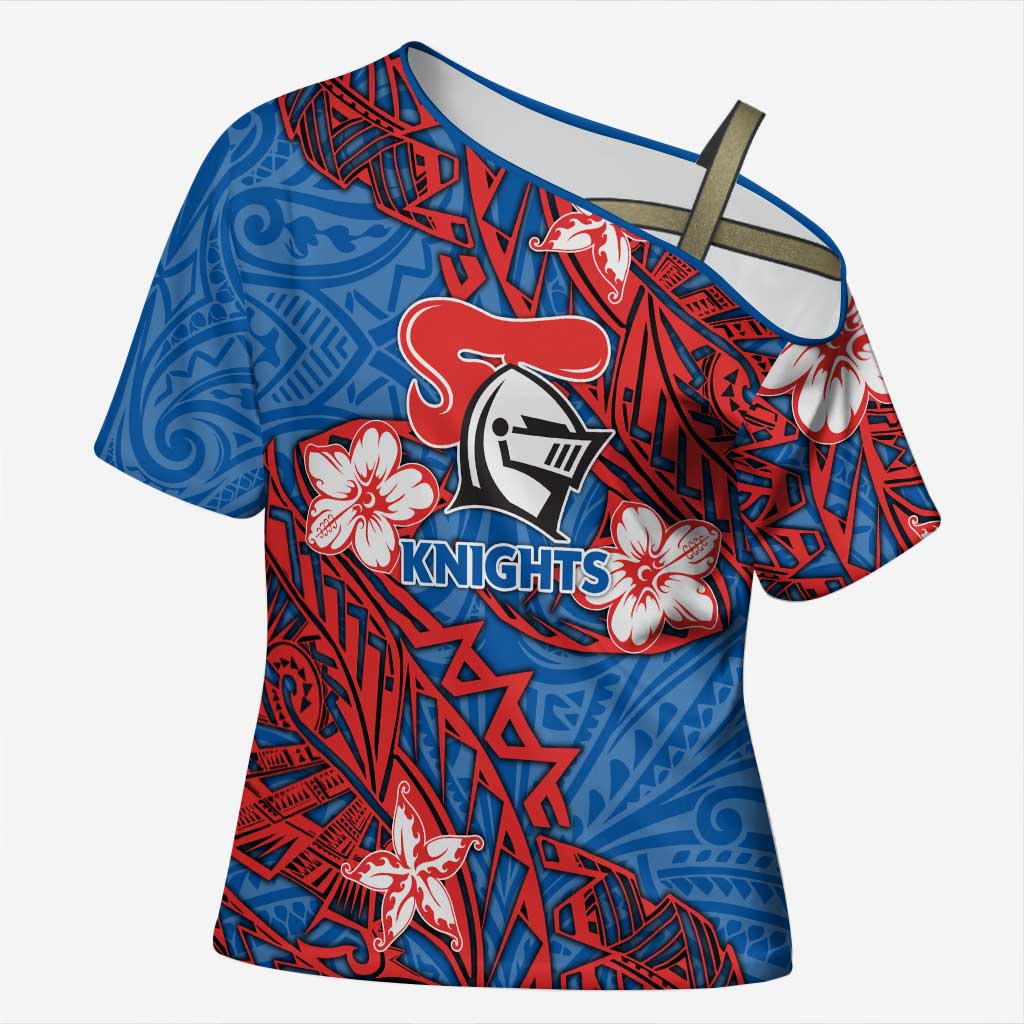 Personalised Newcastle Knights Cross Shoulder Shirt Polynesian Tribal Pattern With Rugby Knight Mascot Art