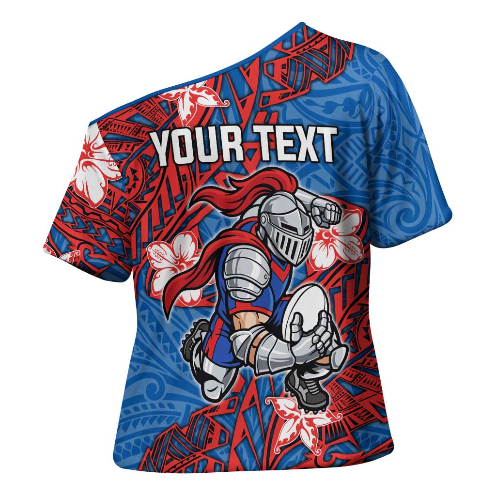 Personalised Newcastle Knights Cross Shoulder Shirt Polynesian Tribal Pattern With Rugby Knight Mascot Art