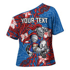 Personalised Newcastle Knights Cross Shoulder Shirt Polynesian Tribal Pattern With Rugby Knight Mascot Art