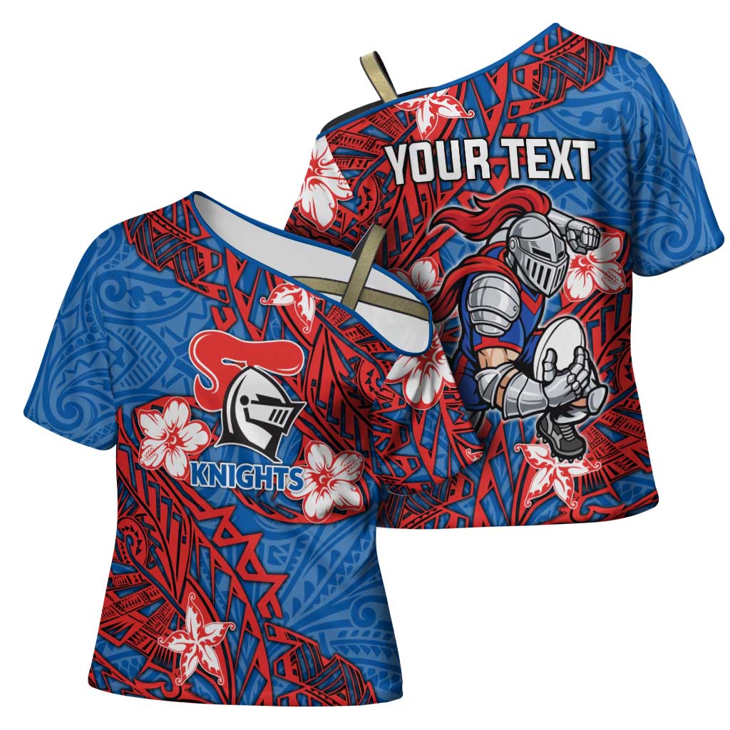 Personalised Newcastle Knights Cross Shoulder Shirt Polynesian Tribal Pattern With Rugby Knight Mascot Art