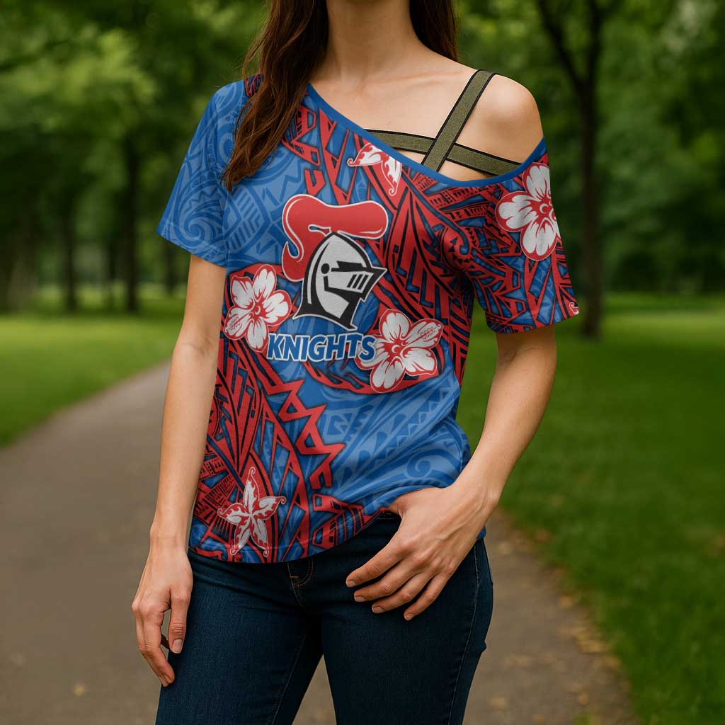 Personalised Newcastle Knights Cross Shoulder Shirt Polynesian Tribal Pattern With Rugby Knight Mascot Art
