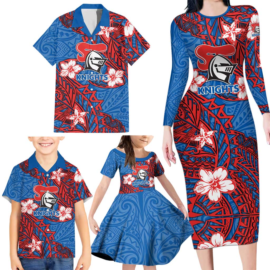 Personalised Newcastle Knights Family Matching Long Sleeve Bodycon Dress and Hawaiian Shirt Polynesian Tribal Pattern With Rugby Knight Mascot Art