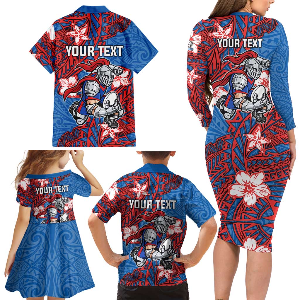 Personalised Newcastle Knights Family Matching Long Sleeve Bodycon Dress and Hawaiian Shirt Polynesian Tribal Pattern With Rugby Knight Mascot Art