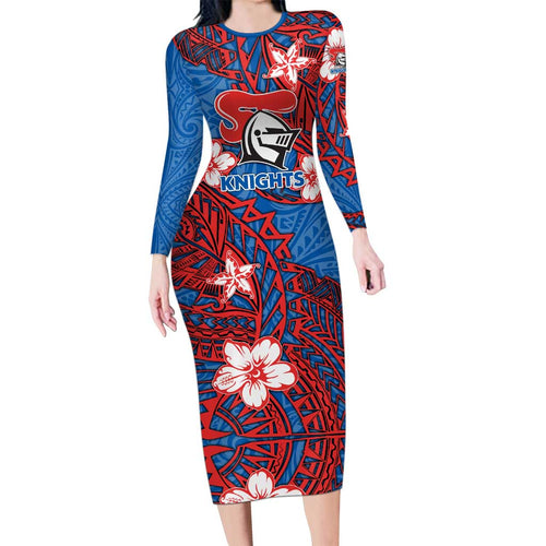 Personalised Newcastle Knights Family Matching Long Sleeve Bodycon Dress and Hawaiian Shirt Polynesian Tribal Pattern With Rugby Knight Mascot Art