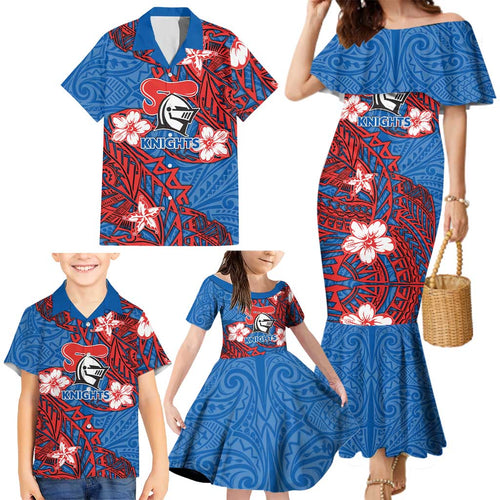 Personalised Newcastle Knights Family Matching Mermaid Dress and Hawaiian Shirt Polynesian Tribal Pattern With Rugby Knight Mascot Art
