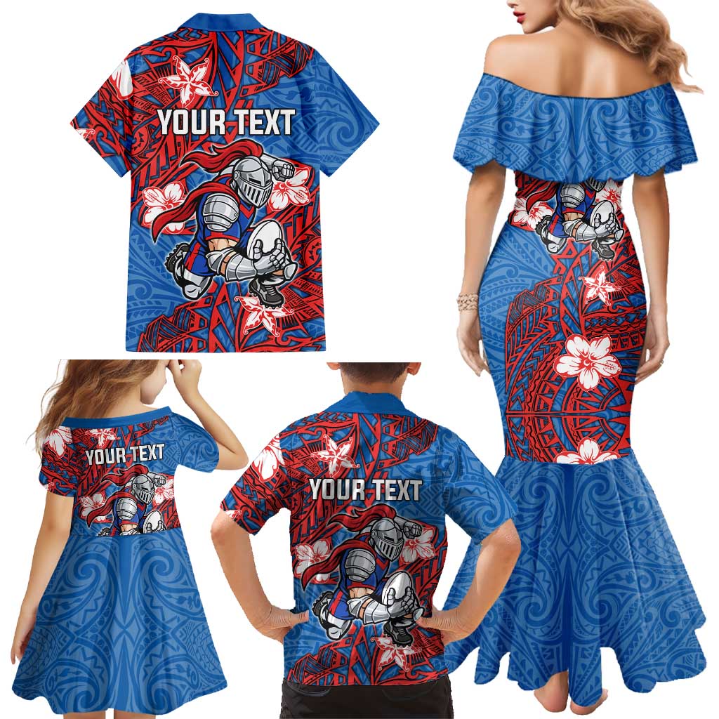 Personalised Newcastle Knights Family Matching Mermaid Dress and Hawaiian Shirt Polynesian Tribal Pattern With Rugby Knight Mascot Art