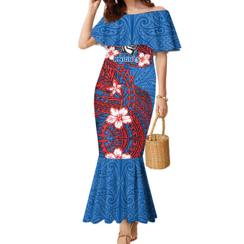 Personalised Newcastle Knights Family Matching Mermaid Dress and Hawaiian Shirt Polynesian Tribal Pattern With Rugby Knight Mascot Art
