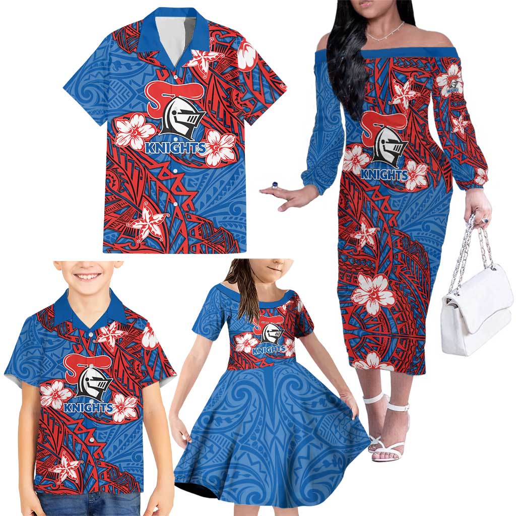 Personalised Newcastle Knights Family Matching Off The Shoulder Long Sleeve Dress and Hawaiian Shirt Polynesian Tribal Pattern With Rugby Knight Mascot Art