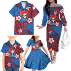 Personalised Newcastle Knights Family Matching Off The Shoulder Long Sleeve Dress and Hawaiian Shirt Polynesian Tribal Pattern With Rugby Knight Mascot Art