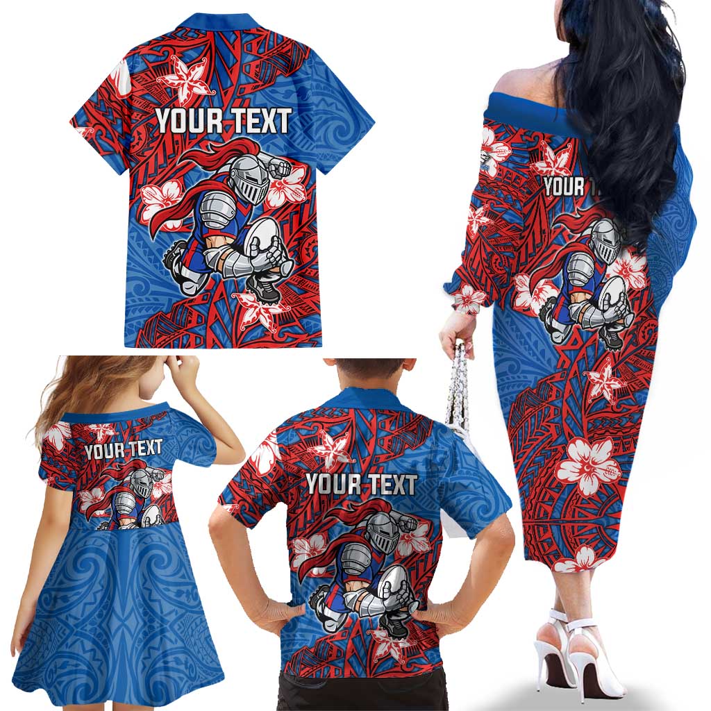 Personalised Newcastle Knights Family Matching Off The Shoulder Long Sleeve Dress and Hawaiian Shirt Polynesian Tribal Pattern With Rugby Knight Mascot Art