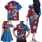 Personalised Newcastle Knights Family Matching Off The Shoulder Long Sleeve Dress and Hawaiian Shirt Polynesian Tribal Pattern With Rugby Knight Mascot Art
