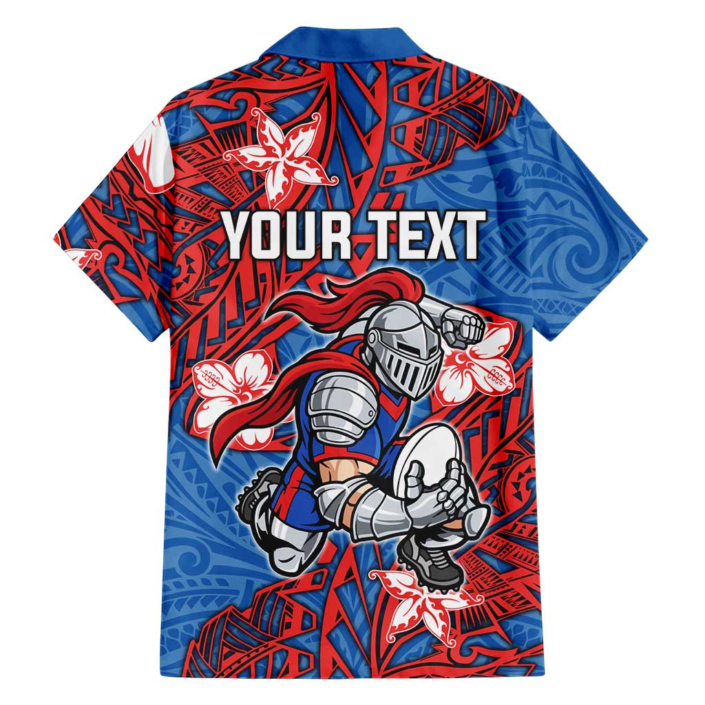 Personalised Newcastle Knights Family Matching Off The Shoulder Long Sleeve Dress and Hawaiian Shirt Polynesian Tribal Pattern With Rugby Knight Mascot Art