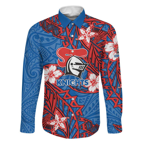 Personalised Newcastle Knights Family Matching Off The Shoulder Long Sleeve Dress and Hawaiian Shirt Polynesian Tribal Pattern With Rugby Knight Mascot Art
