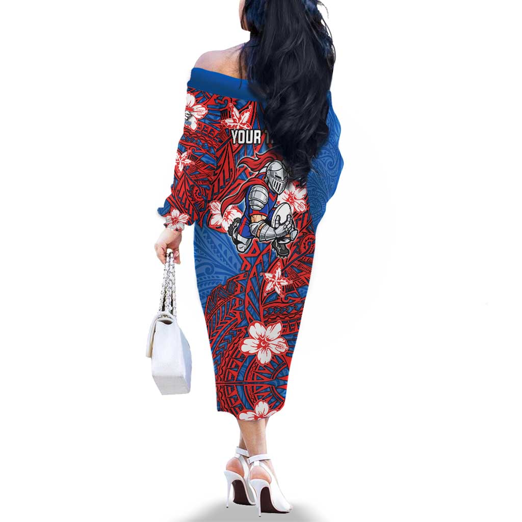 Personalised Newcastle Knights Family Matching Off The Shoulder Long Sleeve Dress and Hawaiian Shirt Polynesian Tribal Pattern With Rugby Knight Mascot Art
