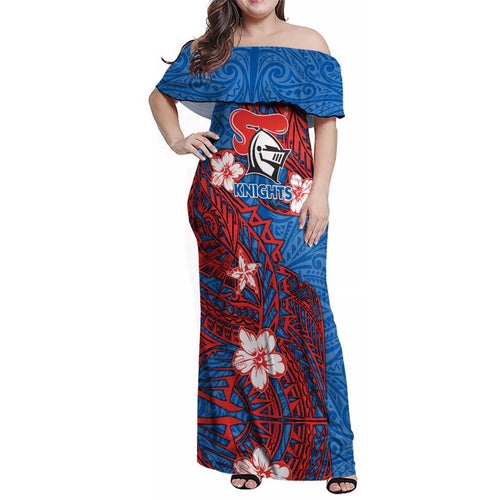 Personalised Newcastle Knights Family Matching Off Shoulder Maxi Dress and Hawaiian Shirt Polynesian Tribal Pattern With Rugby Knight Mascot Art