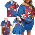 Personalised Newcastle Knights Family Matching Off Shoulder Short Dress and Hawaiian Shirt Polynesian Tribal Pattern With Rugby Knight Mascot Art