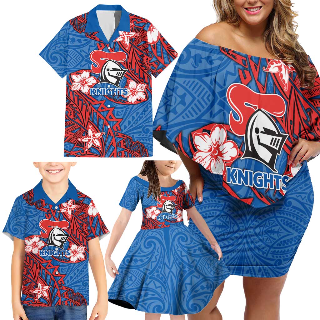 Personalised Newcastle Knights Family Matching Off Shoulder Short Dress and Hawaiian Shirt Polynesian Tribal Pattern With Rugby Knight Mascot Art