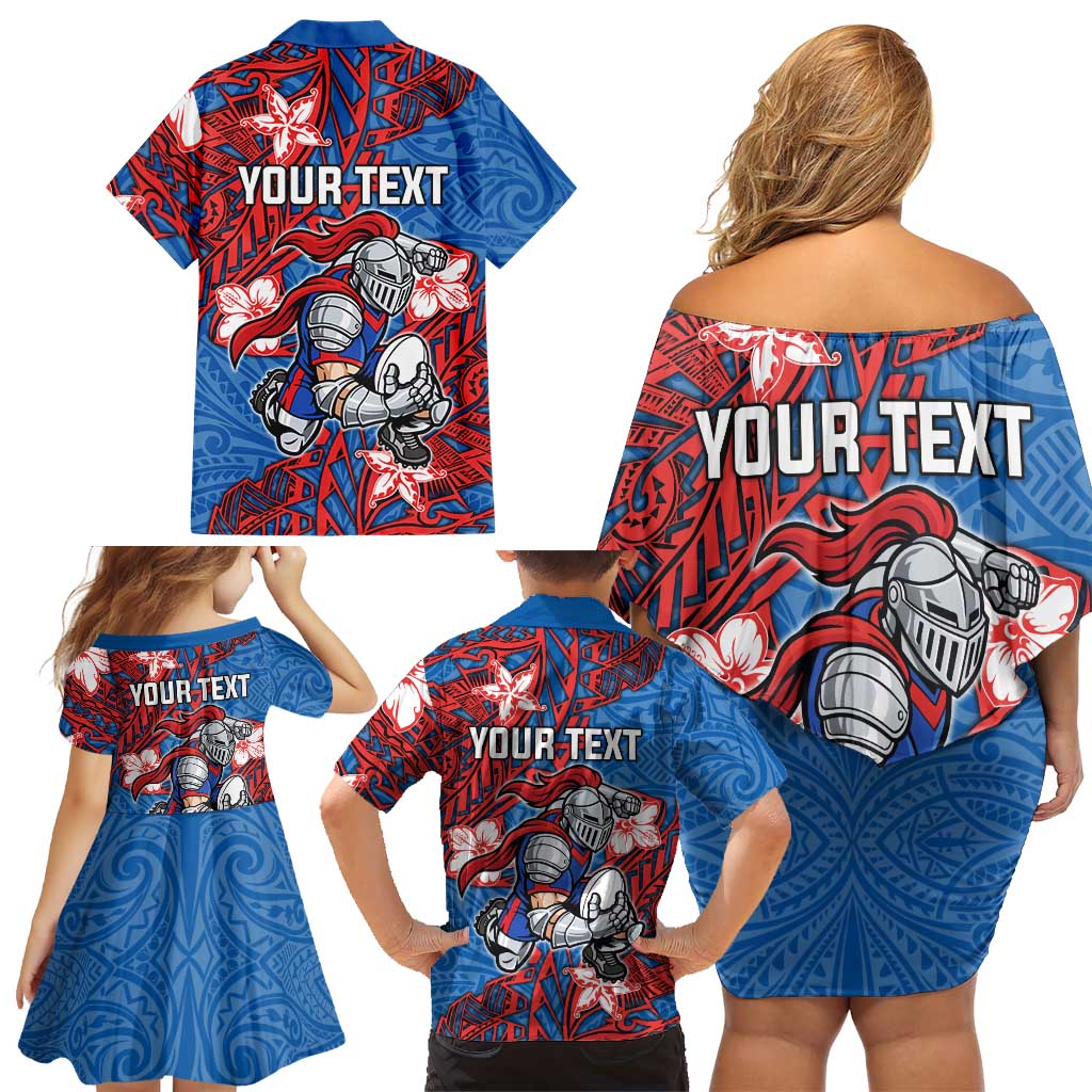 Personalised Newcastle Knights Family Matching Off Shoulder Short Dress and Hawaiian Shirt Polynesian Tribal Pattern With Rugby Knight Mascot Art