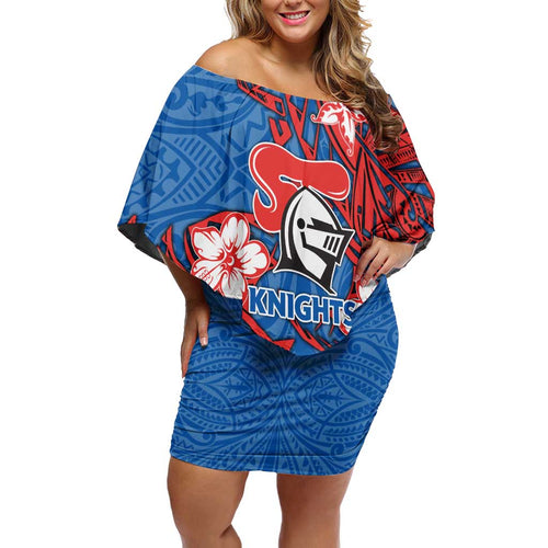 Personalised Newcastle Knights Family Matching Off Shoulder Short Dress and Hawaiian Shirt Polynesian Tribal Pattern With Rugby Knight Mascot Art