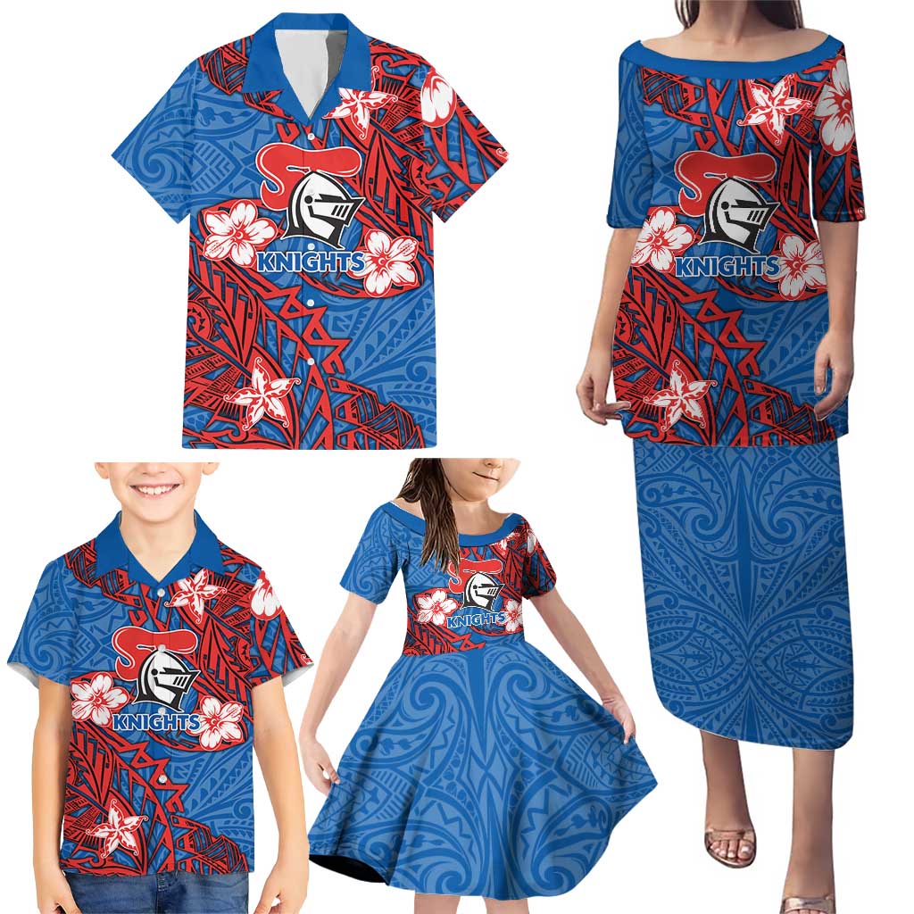 Personalised Newcastle Knights Family Matching Puletasi and Hawaiian Shirt Polynesian Tribal Pattern With Rugby Knight Mascot Art