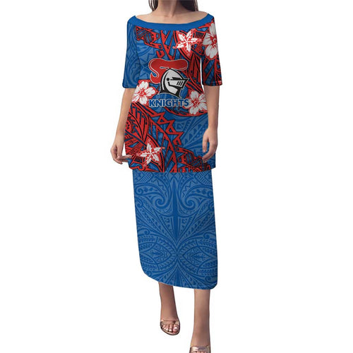 Personalised Newcastle Knights Family Matching Puletasi and Hawaiian Shirt Polynesian Tribal Pattern With Rugby Knight Mascot Art
