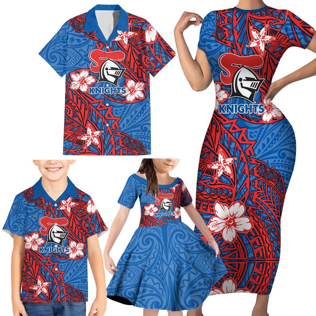 Personalised Newcastle Knights Family Matching Short Sleeve Bodycon Dress and Hawaiian Shirt Polynesian Tribal Pattern With Rugby Knight Mascot Art