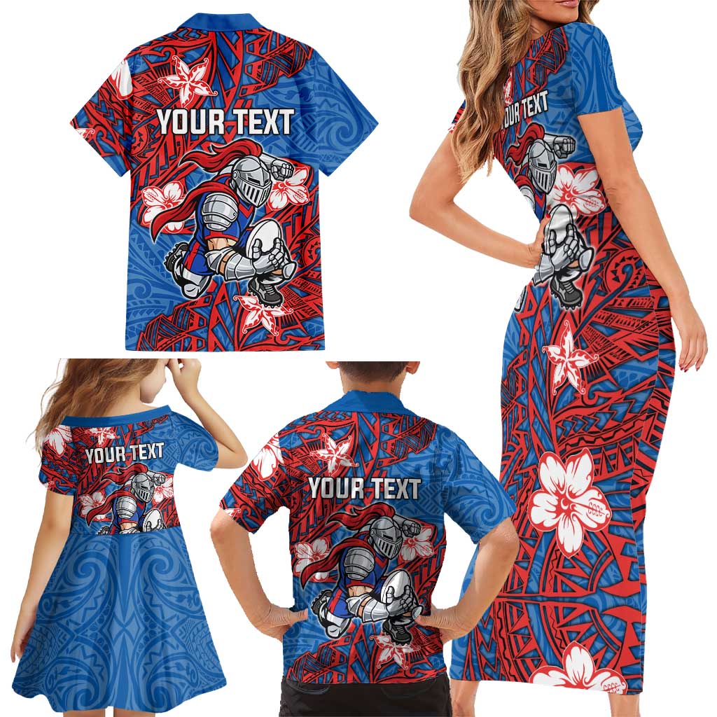 Personalised Newcastle Knights Family Matching Short Sleeve Bodycon Dress and Hawaiian Shirt Polynesian Tribal Pattern With Rugby Knight Mascot Art